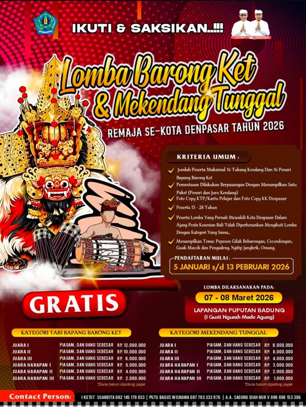 Pendaftaran Lomba Barong Ket dan Makendang Tunggal Remaja se-Kota Denpasar Tahun 2026